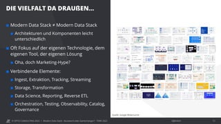 © OPITZ CONSULTING 2022 / Öffentlich
DIE VIELFALT DA DRAUßEN…
Modern Data Stack - Buzzword oder Gamechanger? - TDWI 2022 13
 Modern Data Stack ≠ Modern Data Stack
 Architekturen und Komponenten leicht
unterschiedlich
 Oft Fokus auf der eigenen Technologie, dem
eigenen Tool, der eigenen Lösung
 Oha, doch Marketing-Hype?
 Verbindende Elemente:
 Ingest, Extraktion, Tracking, Streaming
 Storage, Transformation
 Data Science, Reporting, Reverse ETL
 Orchestration, Testing, Observability, Catalog,
Governance
Quelle: Google Bildersuche
 