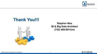Thank You!!!
Stephen Alex
BI & Big Data Architect
(732) 485-0011(m)
9/11/201618
Rolta AdvizeX Proprietary and Confidential
 