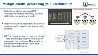 Multiple parallel processing (MPP) architecture
 Multiple parallel processing (MPP)
architecture enables extremely powerful
distributed computing and scale
 Resources can be added for a near linear
scale-out to the largest data warehousing
projects.
 MPP architecture uses a “shared-nothing”
There are multiple physical nodes, each
running its own instance. This results in
performance many times faster than
traditional architectures.
10
 