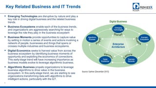 Key Related Business and IT Trends
 Emerging Technologies are disruptive by nature and play a
key role in driving digital business and the related business
trends.
 Business Ecosystems enable each of the business trends,
and organizations are aggressively searching for ways to
leverage the role they play in the business ecosystem
 Business Moments provide opportunities to capture value
by setting in motion a series of events and actions involving a
network of people, businesses and things that spans or
crosses multiple industries and business ecosystems.
 Digital Economics seeks to harvest value from across the
business ecosystem by identifying business moments of
opportunity and exploiting the economics of connections.
This early-stage trend will have increasing importance as
business models evolve to leverage algorithmic business.
 Algorithmic Business propels organizations to leverage
business algorithms to drive value in the business
ecosystem. In this early-stage trend, we are starting to see
organizations transforming data with algorithms to drive
intelligent actions, particularly with the IoT.
6
 
