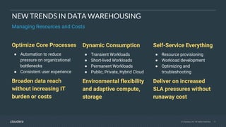 © Cloudera, Inc. All rights reserved. 11
NEW TRENDS IN DATA WAREHOUSING
Managing Resources and Costs
Optimize Core Processes
● Automation to reduce
pressure on organizational
bottlenecks
● Consistent user experience
Broaden data reach
without increasing IT
burden or costs
Self-Service Everything
● Resource provisioning
● Workload development
● Optimizing and
troubleshooting
Deliver on increased
SLA pressures without
runaway cost
Dynamic Consumption
● Transient Workloads
● Short-lived Workloads
● Permanent Workloads
● Public, Private, Hybrid Cloud
Environmental flexibility
and adaptive compute,
storage
 