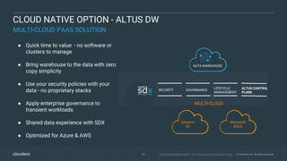 Confidential-Restricted – For Discussion Purposes Only24 © Cloudera, Inc. All rights reserved.
CLOUD NATIVE OPTION - ALTUS DW
● Quick time to value - no software or
clusters to manage
● Bring warehouse to the data with zero
copy simplicity
● Use your security policies with your
data - no proprietary stacks
● Apply enterprise governance to
transient workloads
● Shared data experience with SDX
● Optimized for Azure & AWS
DATA WAREHOUSE
GOVERNANCESECURITY
ALTUS CONTROL
PLANE
LIFECYCLE
MANAGEMENT
MULTI-CLOUD
Amazon
S3
Microsoft
ADLS
MULTI-CLOUD PAAS SOLUTION
 