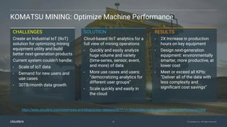 29 © Cloudera, Inc. All rights reserved.
KOMATSU MINING: Optimize Machine Performance
CHALLENGES
Create an Industrial IoT (IIoT)
solution for optimizing mining
equipment utility and build
better next-generation products
Current system couldn’t handle:
• Scale of IoT data
• Demand for new users and
use cases
• 30TB/month data growth
RESULTS
• 2X Increase in production
hours on key equipment
• Design next-generation
equipment: environmentally
smarter, more productive, at
lower cost
• Meet or exceed all KPIs:
“Deliver all of the data with
less complexity and
significant cost savings”
SOLUTION
Cloud-based IIoT analytics for a
full view of mining operations
• Quickly and easily analyze
huge volume and variety
(time-series, sensor, event,
and more) of data
• More use cases and users:
“democratizing analytics for
different user groups”
• Scale quickly and easily in
the cloud
https://www.cloudera.com/more/news-and-blogs/press-releases/2017-11-15-komatsu-helps-improve-mining-performance.html
 