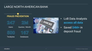 5 © Cloudera, Inc. All rights reserved.
LARGE NORTH AMERICAN BANK
• LoB Data Analysts
access all data
• Saved $4M+ in
deposit fraud
Terabytes
Users
Databases
Queries / Month
FRAUD PREVENTION
 