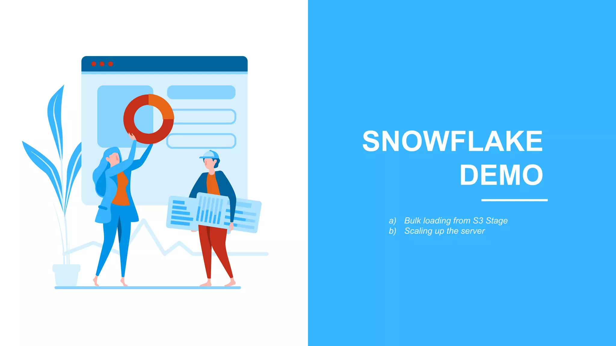 SNOWFLAKE
DEMO
a) Bulk loading from S3 Stage
b) Scaling up the server
 