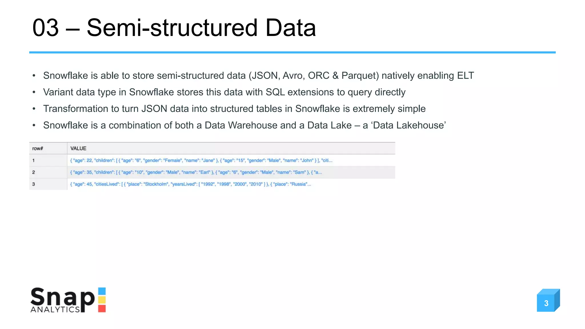 03 – Semi-structured Data
3
• Snowflake is able to store semi-structured data (JSON, Avro, ORC & Parquet) natively enabling ELT
• Variant data type in Snowflake stores this data with SQL extensions to query directly
• Transformation to turn JSON data into structured tables in Snowflake is extremely simple
• Snowflake is a combination of both a Data Warehouse and a Data Lake – a ‘Data Lakehouse’
 