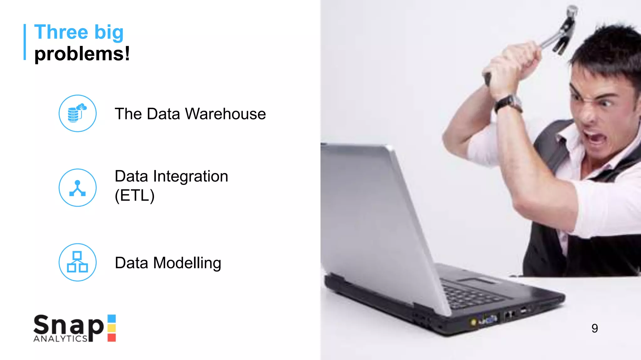 Three big
problems!
The Data Warehouse
Data Integration
(ETL)
Data Modelling
9
 