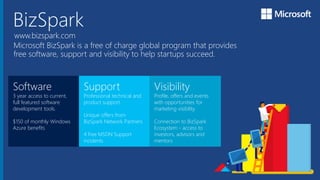 Microsoft Azure
BizSpark
Microsoft BizSpark is a free of charge global program that provides
free software, support and visibility to help startups succeed.
Software
3 year access to current,
full featured software
development tools.
$150 of monthly Windows
Azure benefits
Support
Professional technical and
product support.
Unique offers from
BizSpark Network Partners
4 free MSDN Support
incidents
Visibility
Profile, offers and events
with opportunities for
marketing visibility.
Connection to BizSpark
Ecosystem - access to
investors, advisors and
mentors
www.bizspark.com
 