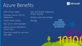 Microsoft Azure
Azure Benefits
SQL and NoSQL databases,
Oracle, MySQL
Modern web technologies
Storage
$150 of free credits
Windows Server 2012 R2
Datacenter
Visual Studio Online
SQL Server 2014 Standard
Ubuntu Server SharePoint
Server Farm
One click installs for common
web apps
 