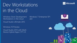 Microsoft Azure
Dev Workstations
in the Cloud
Windows Store Development
Workstations in the cloud
Visual Studio Ultimate 2015
Windows 10 Preview
Visual Studio 2013 with Multi-
Device Hybrid Apps CTP 3.0
Windows 7 Enterprise SP1
x64
 