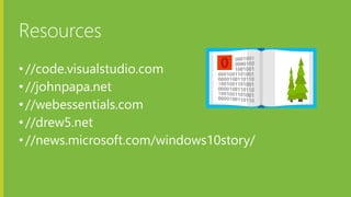 Microsoft Azure
Resources
•//code.visualstudio.com
•//johnpapa.net
•//webessentials.com
•//drew5.net
•//news.microsoft.com/windows10story/
 