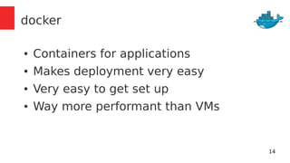 14 
docker 
● Containers for applications 
● Makes deployment very easy 
● Very easy to get set up 
● Way more performant than VMs 
 