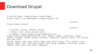 45 
Download Drupal 
$ drush dl drupal --drupal-project-rename="drupal" 
Project drupal (7.32) downloaded to /vagrant/drupal-7.32. 
[success] 
Project drupal contains: 
[success] 
- 3 profiles: testing, standard, minimal 
- 4 themes: stark, seven, garland, bartik 
- 47 modules: drupal_system_listing_incompatible_test, 
drupal_system_listing_compatible_test, user, update, trigger, translation, tracker, 
toolbar, taxonomy, system, syslog, statistics, simpletest, shortcut, search, rdf, profile, 
poll, php, path, 
overlay, openid, node, menu, locale, image, help, forum, filter, file, field_ui, text, 
options, number, list, field_sql_storage, field, dblog, dashboard, contextual, contact, 
comment, color, book, blog, block, aggregator 
 