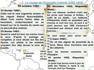 Gênes
Lisbonne
Palos
Iles Canaries
Hispaniola
(Haïti)
San Salvador
(Bahamas)
Cuba
2 - Le voyage de Christophe Colomb (1492-1493)
 