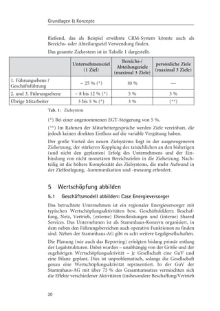 Grundlagen & Konzepte


                 fließend, das als Beispiel erwähnte CRM-System kçnnte auch als
                 Bereichs- oder Abteilungsziel Verwendung finden.
                 Das gesamte Zielsystem ist in Tabelle 1 dargestellt.
                                                     Bereichs-/
                              Unternehmensziel                      persçnliche Ziele
                                                   Abteilungsziele
                                  (1 Ziel)                          (maximal 3 Ziele)
                                                  (maximal 3 Ziele)
1. Führungsebene /
                                  ~ 25 % (*)             10 %                —
Geschäftsführung
2. und 3. Führungsebene        ~ 8 bis 12 % (*)          5%                 5%
Übrige Mitarbeiter               3 bis 5 % (*)           3%                 (**)
                 Tab. 1: Zielsystem

                 (*) Bei einer angenommenen EGT-Steigerung von 5 %.
                 (**) Im Rahmen der Mitarbeitergespräche werden Ziele vereinbart, die
                 jedoch keinen direkten Einfluss auf die variable Vergütung haben.
                 Der große Vorteil des neuen Zielsystems liegt in der ausgewogeneren
                 Zielsetzung, der stärkeren Kopplung des tatsächlichen an den bisherigen
                 (und nicht den geplanten) Erfolg des Unternehmens und der Ein-
                 bindung von nicht monetären Bereichszielen in die Zielsetzung. Nach-
                 teilig ist die hçhere Komplexität des Zielsystems, die mehr Aufwand in
                 der Zielfestlegung, -kommunikation und -messung erfordert.


                 5     Wertschçpfung abbilden
                 5.1      Geschäftsmodell abbilden: Case Energieversorger
                 Das betrachtete Unternehmen ist ein regionaler Energieversorger mit
                 typischen Wertschçpfungsaktivitäten bzw. Geschäftsfeldern: Beschaf-
                 fung, Netz, Vertrieb, (externe) Dienstleistungen und (interne) Shared
                 Services. Das Unternehmen ist als Stammhaus-Konzern organisiert, in
                 dem neben den Führungsbereichen auch operative Funktionen zu finden
                 sind. Neben der Stammhaus-AG gibt es acht weitere Legalgesellschaften.
                 Die Planung (wie auch das Reporting) erfolgten bislang primär entlang
                 der Legalstrukturen. Dabei wurden – unabhängig von der Grçße und der
                 zugehçrigen Wertschçpfungsaktivität – je Gesellschaft eine GuV und
                 eine Bilanz geplant. Dies ist unproblematisch, solange die Gesellschaft
                 genau eine Wertschçpfungsaktivität repräsentiert. In der GuV der
                 Stammhaus-AG mit über 75 % des Gesamtumsatzes vermischten sich
                 die Effekte verschiedener Aktivitäten (insbesondere Beschaffung/Vertrieb


                 20
 