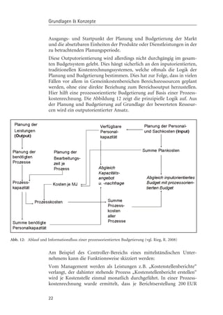 Grundlagen & Konzepte


                      Ausgangs- und Startpunkt der Planung und Budgetierung der Markt
                      und die absetzbaren Einheiten der Produkte oder Dienstleistungen in der
                      zu betrachtenden Planungsperiode.
                      Diese Outputorientierung wird allerdings nicht durchgängig im gesam-
                      ten Budgetsystem gelebt. Dies hängt sicherlich an den inputorientierten,
                      traditionellen Kostenrechnungssystemen, welche oftmals die Logik der
                      Planung und Budgetierung bestimmen. Dies hat zur Folge, dass in vielen
                      Fällen vor allem in Gemeinkostenbereichen Bereichsressourcen geplant
                      werden, ohne eine direkte Beziehung zum Bereichsoutput herzustellen.
                      Hier hilft eine prozessorientierte Budgetierung auf Basis einer Prozess-
                      kostenrechnung. Die Abbildung 12 zeigt die prinzipielle Logik auf. Aus
                      der Planung und Budgetierung auf Grundlage der bewerteten Ressour-
                      cen wird ein outputorientierter Ansatz.




Abb. 12: Ablauf und Informationsfluss einer prozessorientierten Budgetierung (vgl. Rieg, R. 2008)


                      Am Beispiel des Controller-Bereichs eines mittelständischen Unter-
                      nehmens kann die Funktionsweise skizziert werden:
                      Vom Management werden als Leistungen z.B. „Kostenstellenberichte“
                      verlangt, der dahinter stehende Prozess „Kostenstellenbericht erstellen“
                      wird je Kostenstelle einmal monatlich durchgeführt. In einer Prozess-
                      kostenrechnung wurde ermittelt, dass je Berichtserstellung 200 EUR

                      22
 