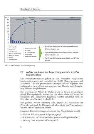 Grundlagen & Konzepte


 Mio. €                     8        13 Kosten-                                           38 Kostenarten
   400            Kostenarten             arten
                                          90 %
   350                        82 %
   300

   250

   200

   150

   100

    50

     0

     Abschreibungen
                                                        8 von 38 Kostenarten im Planungstool machen
     Personalkosten
                                 Kostenzuschuss, Boni   82% der Kosten aus
     EDV Kosten
                                 SN-Kosten
     Instandhaltungen
                                 So. Fremdeistungen     13 von 38 Kostenarten in Planungstool machen
     Werbung und Marketing
                                 OCard-Kosten           90% der Kosten aus
     Mieten und Pachten
                                 Steuern und Gebühren
     Engergie
                                                        Auf 25 von 38 Kostenarten entfallen nur 10% der
     Sonstige Kosten
                                                        Kosten


Abb. 2: ABC-Analyse Kostenartenplanung


                          2.2        Aufbau und Ablauf der Budgetierung vereinfachen: Case
                                     Medienkonzern
                          Das Beispielunternehmen gehçrt zu den führenden europäischen
                          Medienunternehmen und beschäftigt ca. 10.000 Mitarbeiterinnen und
                          Mitarbeiter. Die hier präsentierten Lçsungen sind das Ergebnis eines
                          umfassenden Umstrukturierungsprojektes der Planung und Budgetie-
                          rung bei dem Beispielkonzern.
                          Der ursprüngliche Ablauf der Budgetierung in diesem Unternehmen
                          gemäß Planungskalender startete im Juni eines Jahres und endete im
                          November. Die erarbeiteten Ergebnisse wurden schließlich final im
                          Dezember vom Vorstand verabschiedet.
                          Der gesamte Prozess erforderte sehr intensiv die Ressourcen der
                          Controller und auch der Manager und sollte infolge des Umgestaltungs-
                          ansatzes drastisch reduziert werden.
                          Folgenden Haupterwartungen wurden an eine Neugestaltung gestellt:
                          • Radikale Reduzierung der Budgetierungszeit.
                          • Konzentration auf die wesentlichen Kosten- und Ergebnistreiber.
                          • Nutzung eines integrierten Planungstools.
                          6
 