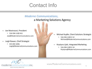 Contact Info
                         Moderne Communications,
                               a Marketing Solutions Agency


– Joe Mastrocovi, President
     • 516-594-1100 X11
                                              – Michael Kupfer, Client Solutions Strategist
     Joe@ModerneCommunications.com
                                                   • 516-594-1100 X 12
                                                     Michael@ModerneCommunications.com
– Leigh Rowan, Chief Strategist
     • 415-692-1830,                          – Krystyna Lijek, Integrated Marketing
       Leigh@ModerneCommunications.com
                                                   • 516-594-1100 X 14
                                                     Krystyna@ModerneCommunications.com




                                         www.ModerneCommunications.com
                                                                                    6
 
