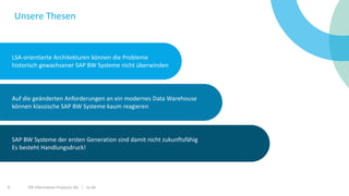 ISR Information Products AG | isr.de6
Unsere Thesen
LSA-orientierte Architekturen können die Probleme
historisch gewachsener SAP BW Systeme nicht überwinden
SAP BW Systeme der ersten Generation sind damit nicht zukunftsfähig
Es besteht Handlungsdruck!
Auf die geänderten Anforderungen an ein modernes Data Warehouse
können klassische SAP BW Systeme kaum reagieren
 