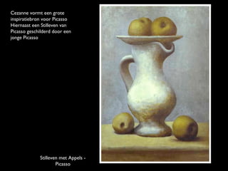 Cezanne vormt een grote
inspiratiebron voor Picasso
Hiernaast een Stilleven van
Picasso geschilderd door een
jonge Picasso

Stilleven met Appels Picasso

 