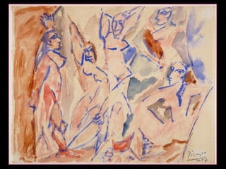 Voorstudie voor Demoiselles- Picasso
Picasso verandert zijn compositie
behoorlijk. Zo zij er in het begin twee
mannen ziht bbar die het bordeel bezoek.
een student medicijnen en een zeeman

In een latere studie zie je dat de twee
mannen zijn verwijderd uit de compositie
om het effect van de starende vrouwen
directer naar de toeschouwer te leiden

 