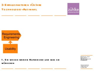3 Erfolgsfaktoren für Ihre  Technologie-Auswahl 24. Januar 2008 Nikolaos Kaintantzis [email_address] Folie  Requirements- Engineering Usability 1. Sie wissen wer die Nutzer sind und was sie wünschen 