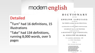 english
Detailed
"Turn" had 16 definitions, 15
illustrations
"Take" had 134 definitions,
running 8,000 words, over 5
pages
 