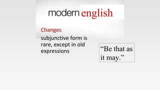 english
Changes
subjunctive form is
rare, except in old
expressions “Be that as
it may.”
 