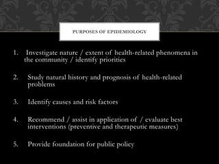 PURPOSES OF EPIDEMIOLOGY 
1. Investigate nature / extent of health-related phenomena in 
the community / identify priorities 
2. Study natural history and prognosis of health-related 
problems 
3. Identify causes and risk factors 
4. Recommend / assist in application of / evaluate best 
interventions (preventive and therapeutic measures) 
5. Provide foundation for public policy 
 