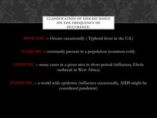 CLASSIFICATION OF DISEASE BASED 
ON THE FREQUENCY OF 
OCCURANCE. 
SPORADIC – Occurs occasionally ( Typhoid fever in the U.S.) 
ENDEMIC – constantly present in a population (common cold) 
EPIDEMIC – many cases in a given area in short period (influenza, Ebola 
outbreak in West Africa) 
PANDEMIC – a world wide epidemic (influenza occasionally, AIDS might be 
considered pandemic) 
 