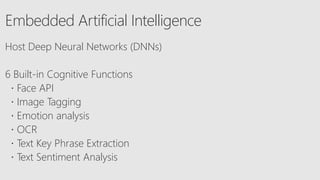 Embedded Artificial Intelligence
Host Deep Neural Networks (DNNs)
6 Built-in Cognitive Functions
 Face API
 Image Tagging
 Emotion analysis
 OCR
 Text Key Phrase Extraction
 Text Sentiment Analysis
 