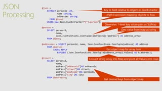 JSON
Processing
@json =
EXTRACT personid int,
name string,
addresses string
FROM @input
USING new Json.JsonExtractor(“[*].person");
@person =
SELECT personid,
name,
Json.JsonFunctions.JsonTuple(addresses)["address"] AS address_array
FROM @json;
@addresses = SELECT personid, name, Json.JsonFunctions.JsonTuple(address) AS address
FROM @person
CROSS APPLY
EXPLODE (Json.JsonFunctions.JsonTuple(address_array).Values) AS A(address);
@result =
SELECT personid,
name,
address["addressid"]AS addressid,
address["street"]AS street,
address["postcode"]AS postcode,
address["city"]AS city
FROM @addresses;
 