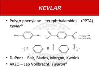 • Poly(p-phenylene terephthalamide) (PPTA)
Kevlar®
• DuPont – Bair, Blades, Morgan, Kwolek
• AKZO – Leo Vollbracht, Twaron®
KEVLAR
 