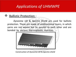  Ballistic Protection :
Dyneema UD & Spectra Shield are used for ballistic
protection. These are made of unidirectional layers, in which
yarns are not woven but lie parallel to each other and are
bonded by various thermoplastic matrices.
Construction of Dyneema UD & Spectra shield
Applications of UHMWPE
 