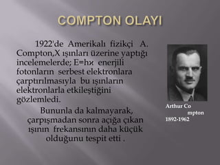 1922'de Amerikalı fizikçi A.
Compton,X ışınları üzerine yaptığı
incelemelerde; E=hϰ enerjili
fotonların serbest elektronlara
çarptırılmasıyla bu ışınların
elektronlarla etkileştiğini
gözlemledi.
                                     Arthur Co
       Bununla da kalmayarak,                mpton
   çarpışmadan sonra açığa çıkan     1892-1962
   ışının frekansının daha küçük
         olduğunu tespit etti .
 
