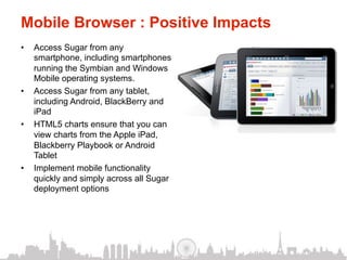 Mobile Browser : Positive Impacts
•    Access Sugar from any
     smartphone, including smartphones
     running the Symbian and Windows
     Mobile operating systems.
•    Access Sugar from any tablet,
     including Android, BlackBerry and
     iPad
•    HTML5 charts ensure that you can
     view charts from the Apple iPad,
     Blackberry Playbook or Android
     Tablet
•    Implement mobile functionality
     quickly and simply across all Sugar
     deployment options
 