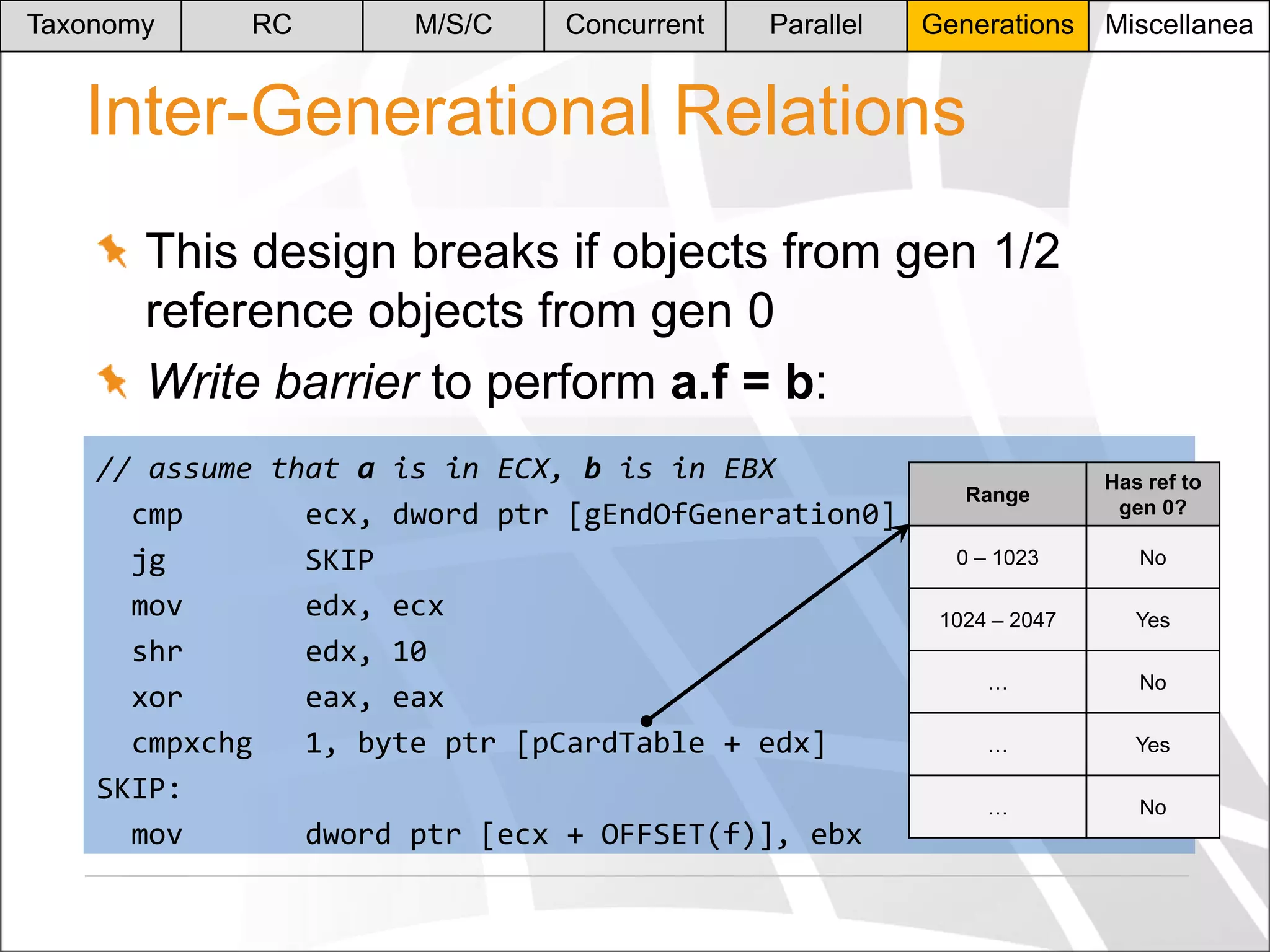 Taxonomy

RC

M/S/C

Concurrent

Parallel

Generations

Miscellanea

Inter-Generational Relations
This design breaks if objects from gen 1/2
reference objects from gen 0
Write barrier to perform a.f = b:
// assume that a is in ECX, b is in EBX
cmp
ecx, dword ptr [gEndOfGeneration0]
jg
SKIP
mov
edx, ecx
shr
edx, 10
xor
eax, eax
cmpxchg
1, byte ptr [pCardTable + edx]
SKIP:
mov
dword ptr [ecx + OFFSET(f)], ebx

Range

Has ref to
gen 0?

0 – 1023

No

1024 – 2047

Yes

…

No

…

Yes

…

No

 