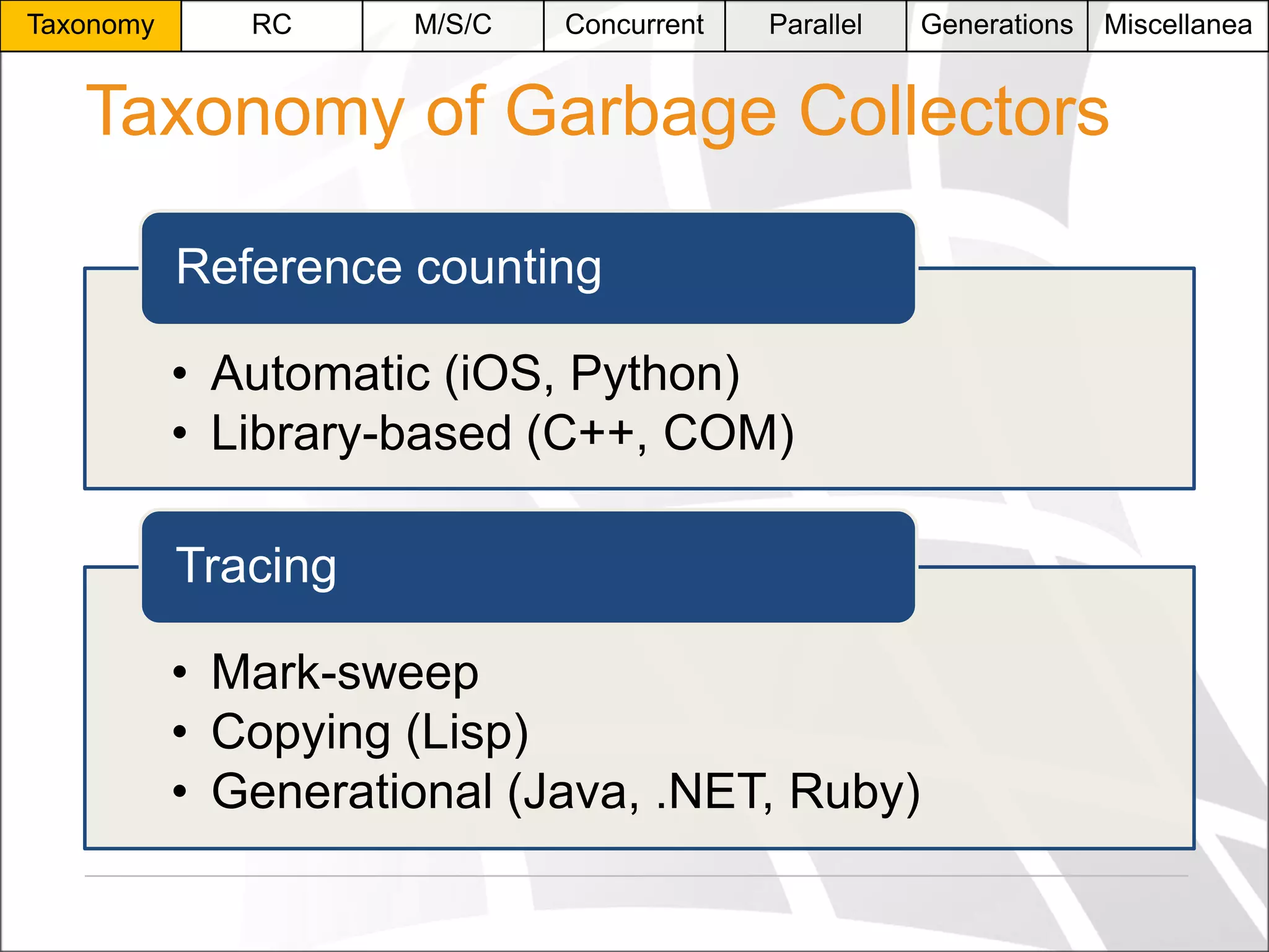 Taxonomy

RC

M/S/C

Concurrent

Parallel

Generations

Miscellanea

Taxonomy of Garbage Collectors
Reference counting
• Automatic (iOS, Python)
• Library-based (C++, COM)
Tracing
• Mark-sweep
• Copying (Lisp)
• Generational (Java, .NET, Ruby)

 