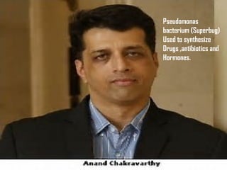 Pseudomonas
bacterium (Superbug)
Used to synthesize
Drugs ,antibiotics and
Hormones.
 