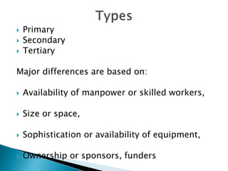  Primary
 Secondary
 Tertiary
Major differences are based on:
 Availability of manpower or skilled workers,
 Size or space,
 Sophistication or availability of equipment,
 Ownership or sponsors, funders
 