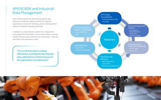 HMI/SCADA and Industrial
Data Management
Data is the foundation for delivering outcomes, data
historians provide the common thread. This supports
organizations to drive IoT initiatives, process and equipment
analysis, compliance reporting, and more.
In addition to a data historian, another key component to
turning data into information is via an asset model, to provide
context that personnel of all levels can understand — from the
plant floor to the operations center.
“For us, the first step in creating
information is putting the data that has
been collected in a context everyone in
the organization can understand.”
 