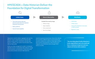 HMI/SCADA + Data Historian Deliver the
Foundation for Digital Transformation
Organizations need the ability to aggregate near real-time
data from sensors along with historical data from ERP
systems, quality systems, HMI/SCADA, and other data
sources. In addition, users need to know the data is clean,
valid, and high quality.
At the core of data management is a plant—or enterprise-
wide data historian, that facilitates data collection, storage
and normalization, and distribution. It stores time-series
process data and alarm and event (A&E) data from
• Time-series process data and
alarms & events data from industrial
equipment and processes
• Native collectors
• Store & Foward capability
Scalable from small to large:
• Millions of tags
• High availability
• Data compression
• Secure-by-design
• HMI/SCADA
• HTML5 clients
• Native API & Methods to move data
to HDFS & Predix
• Big data on-ramp
industrial equipment and processes. Data can be collected
from hundreds of different types of control systems and
should be scalable from a small set of data tags to millions.
Data should be distributed from a data historian by an
integration with HMI/SCADA clients, through HTML5
clients, or via APIs.
“The nice thing about Proficy Historian is
it lets organizations start very small and
have a roadmap to long-term and very
robust and intense data analytics.”
Collect Data Distribute
Store & Normalize
 