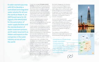 K-water has managed 56 water control
facilities including 20 multi-purpose dams,
16 multifunctional weirs, and the Nakdong
River Estuary Bank, to provide a clean and
stable water supply. In addition, K-water
has built 48 wide-area and industrial water
supply facilities with a daily supply capacity
of 17.6 million m3 and currently supplies
drinking water to 22.3 million Koreans.
K-water has been entrusted to operate
the water supply systems for 23 local
governments, starting with Nonsan and most
recently Cheongseong by using iWater.
K-water supplies industrial water of various
quality of levels, customized to the needs of
customers, and is becoming Korea’s leading
supplier of water for industrial purposes
thanks to the development of high-efficiency,
low-cost water treatment process and
the optimized automation and centralized
integration of its data by using our system.
Lastly, K-water treats 12.8 million m3 of
sewage per day to improve the water quality
of streams and enhance public hygiene,
thereby creating a better living environment.
K-water is managing the entire country
by dividing into 3 regions along with the
rivers such as Hangang River Regional Head
office, Nakdonggang River Regional Head
office and Geumgang, Yeongsangang &
Seomjingang Rivers Regional Head office.
By using iWater, K-water has moved beyond
K-water started a journey
with GE to develop a
centralized and integrated
water solution for all over
the world as Water-K, an
OEM brand name for GE
Digital’s iFIX HMI/SCADA
for the automation of
water supply facilities and
the standardization of
water treatment process ,
and K-water renamed it as
iWater and exports to the
companies in the water
industry across all over
the world.
the simple management and utilization
of water and achieved integrated water
resources management of these regions’
water supply systems and local water supply
system throughout the entire South Korea
by applying ICT to the management of water
quality and ecology. Thereby it allows equal
distribution of the benefits of water to
everyone, everywhere.
Success of the integrated water
management system is the key to national
water safety and public water welfare.
K-water promises to provide healthy water
circulation for all to protect citizens from
disasters such as flood and drought and
ensure greater happiness through the
sharing of water.
The company is working tirelessly to
develop and manage water resources in an
environmentally friendly and efficient way.
• Drinking water for 22.3 million Koreans
• 56 water control facilities
• 20 multi-purpose dams
• 16 multifunctional weirs
• 48 wide-area & industrial water supply facilities
• Daily drinking water supply of 17.6 million m3
• Daily sewage of 12.8 million m3
• 23 local governments
 