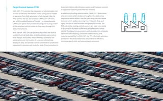 Target Control System (TCS)
SAIC-GM’s TCS controls the movement of vehicle bodies into
and out of the body distribution center using several modes
of operation from fully automatic to fully manual. Like the
PMC system, the TCS also employs CIMPLICITY software,
but with the added feature of Tracker — a comprehensive
CIMPLICITY option that provides tracking and routing control
of the serialized vehicle bodies as they move through the
production process.
With Tracker, SAIC-GM can dynamically collect and store a
variety of vehicle body data, including process parameters,
time stamps, and quality measurements. Operators can
easily determine the location of a tracked vehicle body,
display its data, and provide control commands to production
equipment to process and route the body. Communication to
Automatic Vehicle Identification system and Conveyor controls
is supported over the plant Ethernet network.
In addition to tracking vehicle bodies, CIMPLICITY determines
where to store vehicle bodies arriving from the body shop,
sequences vehicle bodies into the paint shop, decides where
to store vehicle bodies returning from the paint shop, and
again sequences vehicle bodies into general assembly. The
TCS and similar routing control systems are used extensively
in automotive facilities to efficiently and effectively control
vehicle flow based on parameters such as production schedule,
optimum color blocking, consistent load balancing, and
material availability. For SAIC-GM, the TCS effectively optimizes
production flow and productivity and, due to its efficiency,
minimizes paint costs and reduces paint emissions.
 