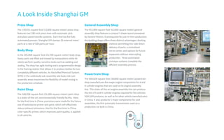 Press Shop
The 139,931-square-foot (13,000-square-meter) press shop
features two 180-inch press lines with automatic pick-
and-place panel transfer systems. Each line has five fully
automated presses. Shanghai GM stamps 26 external metal
parts at a rate of 500 parts per hour.
Body Shop
In the 265,868-square-foot (24,700-square-meter) body shop,
heavy parts are lifted and moved by manipulators while 44
robots perform quality-sensitive tasks such as welding and
sealing. The shop has agile tooling and a programmable design
in the framing station that allows it to produce bodies for two
completely different vehicles. An Electrified Monorail System
(EMS) in the underbody sub-assembly and body side sub-
assembly areas maximizes the flexibility of model mixing in
the production schedule.
Paint Shop
The 548,958-square-foot (51,000-square-meter) paint shop
is a state-of-the-art, environmentally friendly facility. Here,
for the first time in China, provisions were made for the future
use of waterborne primer and paint, which will effectively
reduce exhaust emissions. Also for the first time in China,
color-specific primer, which improves paint quality, is applied
to all vehicles.
A Look Inside Shanghai GM
General Assembly Shop
The 452,084-square-foot (42,000-square-meter) general
assembly shop features a unique T-shape layout pioneered
by General Motors. A prerequisite for just-in-time production,
the building shape offers three distinct advantages: docking
stations permitting line-side direct
delivery of parts; a centralized
nerve center; and options for future
expansion without interrupting
production. Three automated
conveyor systems complete the
efficient assembly process.
Powertrain Shop
The 409,028-square-foot (38,000-square-meter) powertrain
shop manufactures five major engine components for 4 and
6-cylinder engines that are used on its engine assembly
line. This state-of-the art engine assembly line can produce
the mix of 4 and 6-cylinder engines required for the vehicles
SGM-GM produces, as well as for other vehicle manufacturers
in China. It also produces 5 major components for, and
assembles, the first automatic transmission used on a
production car built in China.
 
