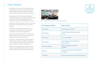 Project Highlights
• Implementation of a modern CCO, with digitalized and
centralized process information, available in real time
through intelligent and reliable systems, allowing the
decision making with greater speed and assertiveness;
• Implementation of MES / MOM project (GE Digital’s
Proficy Plant Applications and Proficy Workflow software),
enabling the control of ship loading efficiency and
integration of process data with the ERP (SAP) system;
• Installation of change management system in automation
and automatic backup systems (Auvesy VersionDog
software);
• Virtualization of Automation Technology systems in
IT (Information Technology) servers to increase the
availability and robustness of the applications;
• Improved security and reliability of the system, with the
implementation of a physical network backbone with
intelligent redundancy and ring topology;
• Investment in the Lean Manufacturing methodology to
make the whole operation more efficient, making the
correct integration of Industrial Automation with each
person involved in the operation of the terminal.
This new control philosophy also brought the need to
create an Operational Manual that is in the process of
being elaborated and a final training for the operators.
Technology employed Main function
iFIX HMI/SCADA Supervision and Control (SCADA)
Proficy Webspace
Viewing iFIX through a Web browser, anywhere,
any time
Proficy Historian Process Historian (PIMS)
Proficy Workflow
System Integration (Including SAP), eSOP and
process automation
Proficy Plant Applications
Efficiency management of the operation
(MES/MOM)
VersionDog
Automatic change management, SCADA backup and
PLC programs
Thin Manager Remote access management via remote desktop (thin clients)
Figure 1. Operational Control Center of the Copersucar Sugar Terminal (TAC)
 