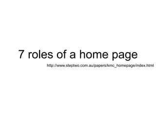 Step Two Designs (www.steptwo.com.au) What modern intranet home pages look like • May 2013
Step Two DESIGNS
7 roles of a home page
http://www.steptwo.com.au/papers/kmc_homepage/index.html
 