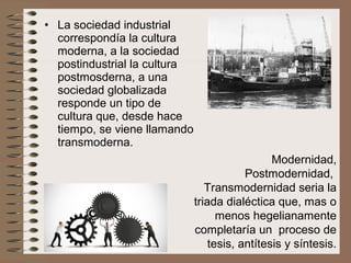 • La sociedad industrial
correspondía la cultura
moderna, a la sociedad
postindustrial la cultura
postmosderna, a una
sociedad globalizada
responde un tipo de
cultura que, desde hace
tiempo, se viene llamando
transmoderna.
Modernidad,
Postmodernidad,
Transmodernidad seria la
triada dialéctica que, mas o
menos hegelianamente
completaría un proceso de
tesis, antítesis y síntesis.
 