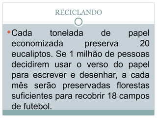 RECICLANDO Cada tonelada de papel economizada preserva 20 eucaliptos. Se 1 milhão de pessoas decidirem usar o verso do papel para escrever e desenhar, a cada mês serão preservadas florestas suficientes para recobrir 18 campos de futebol.   