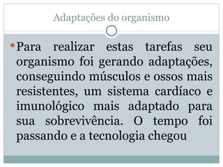 Adaptações do organismo Para realizar estas tarefas seu organismo foi gerando adaptações, conseguindo músculos e ossos mais resistentes, um sistema cardíaco e imunológico mais adaptado para sua sobrevivência. O tempo foi passando e a tecnologia chegou 